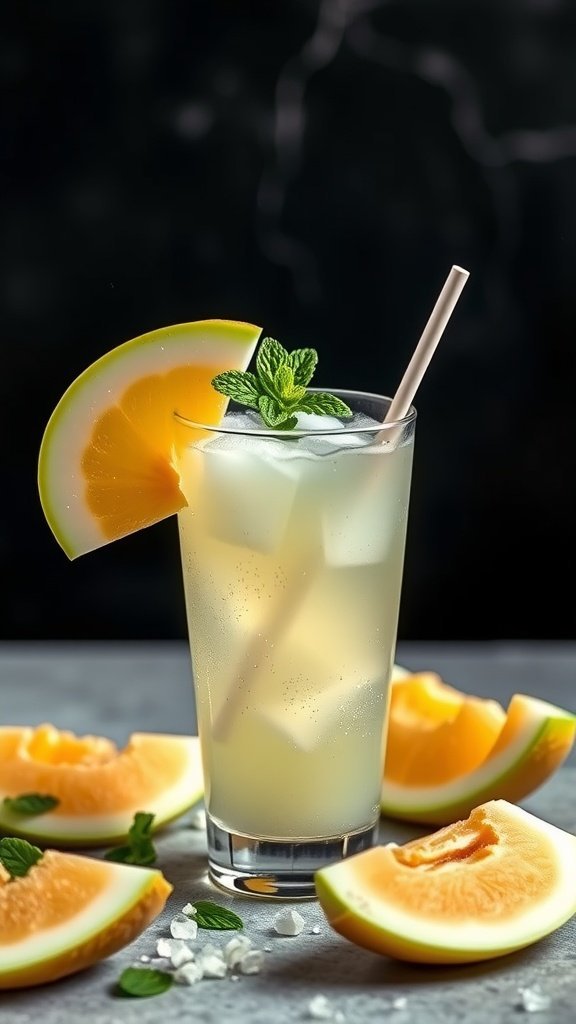 A refreshing Honeydew Melon Cooler cocktail with a slice of honeydew and mint garnish, surrounded by melon slices.