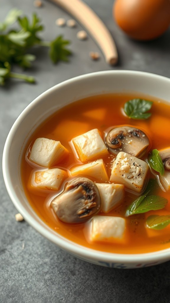 A bowl of hot and sour soup with tofu, featuring vibrant orange broth, tofu cubes, and mushrooms, garnished with fresh herbs.