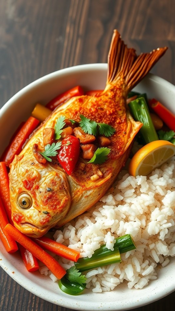 A plate of Hunan Spicy Fish with Vegetables, featuring a whole fish, colorful peppers, and steamed rice.