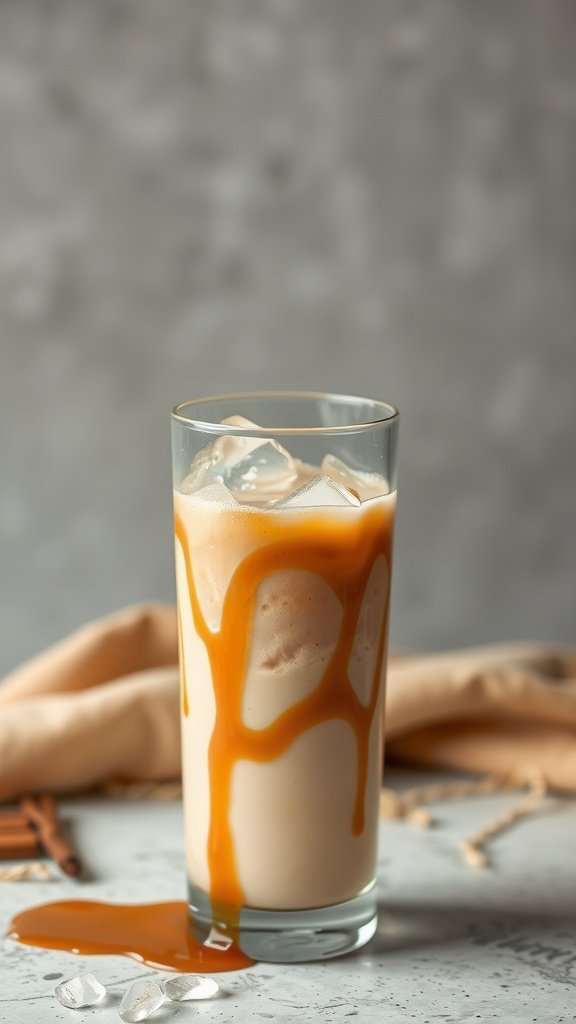 A glass of Iced Caramel Macchiato with caramel drizzle on top, sitting on a table with ice cubes and a cloth in the background.