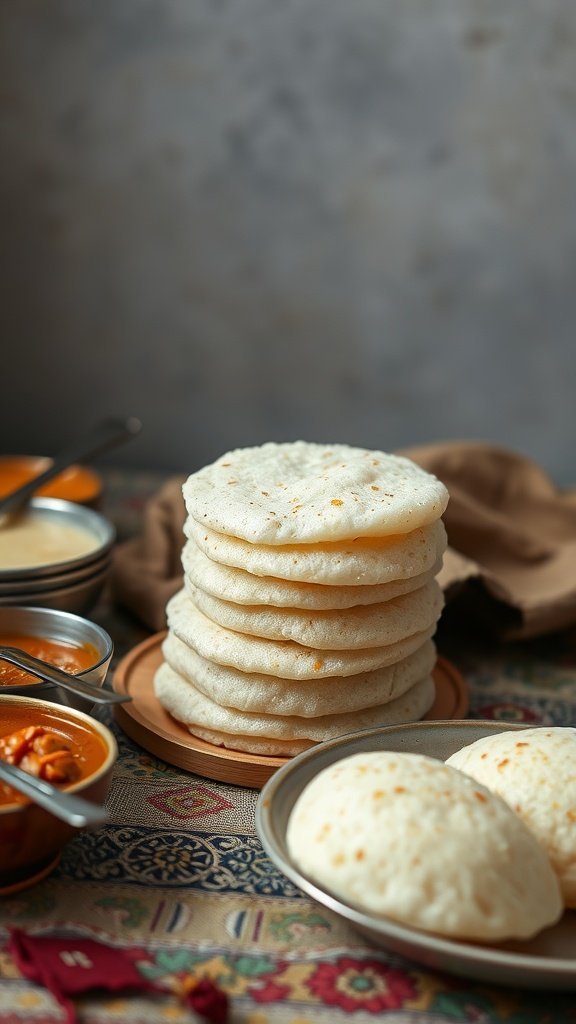 A stack of fluffy, white idlis served with sambar and chutney on a decorative table.