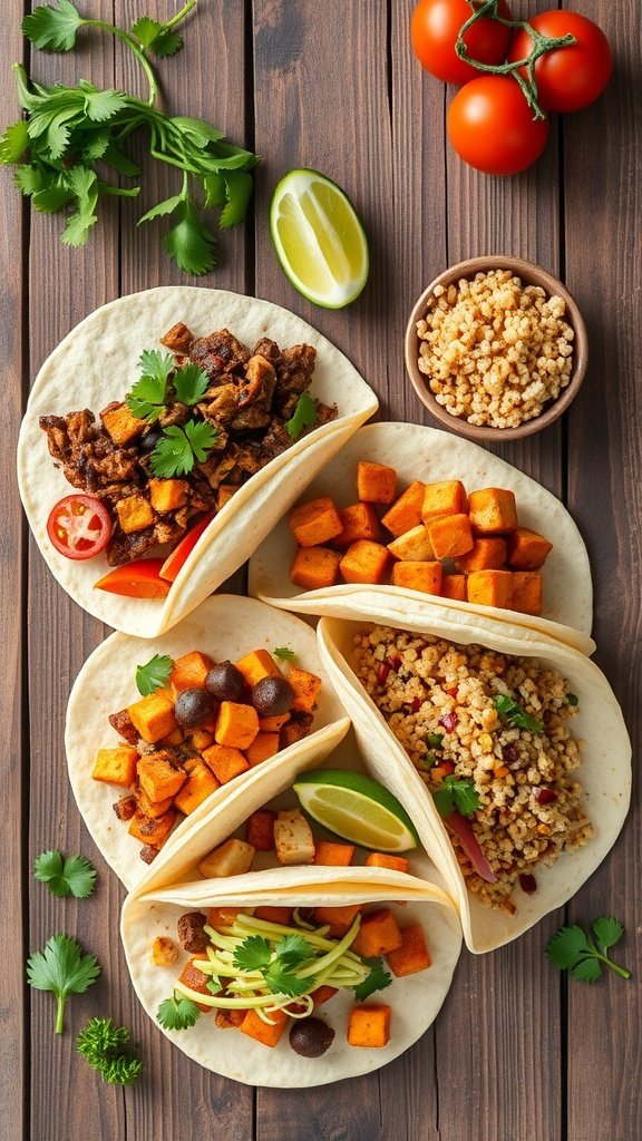 A variety of tacos on a wooden surface filled with innovative ingredients including mushrooms, sweet potatoes, quinoa, chickpeas, and bell peppers.
