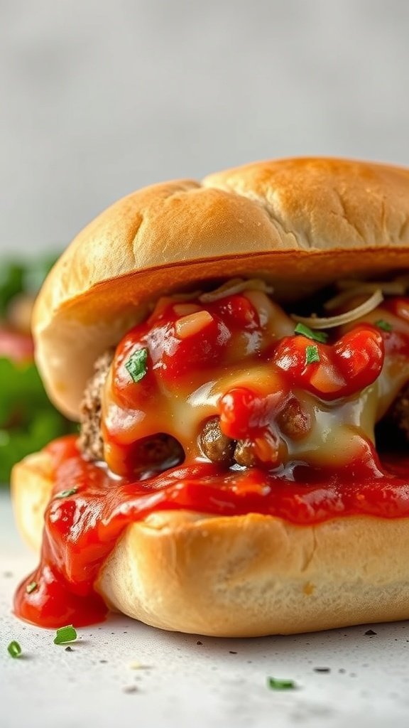 A delicious Italian meatball sub with melted cheese and marinara sauce spilling out