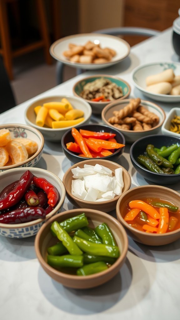 An assortment of colorful Japanese pickles (Tsukemono) displayed in bowls, featuring various vegetables and colors.