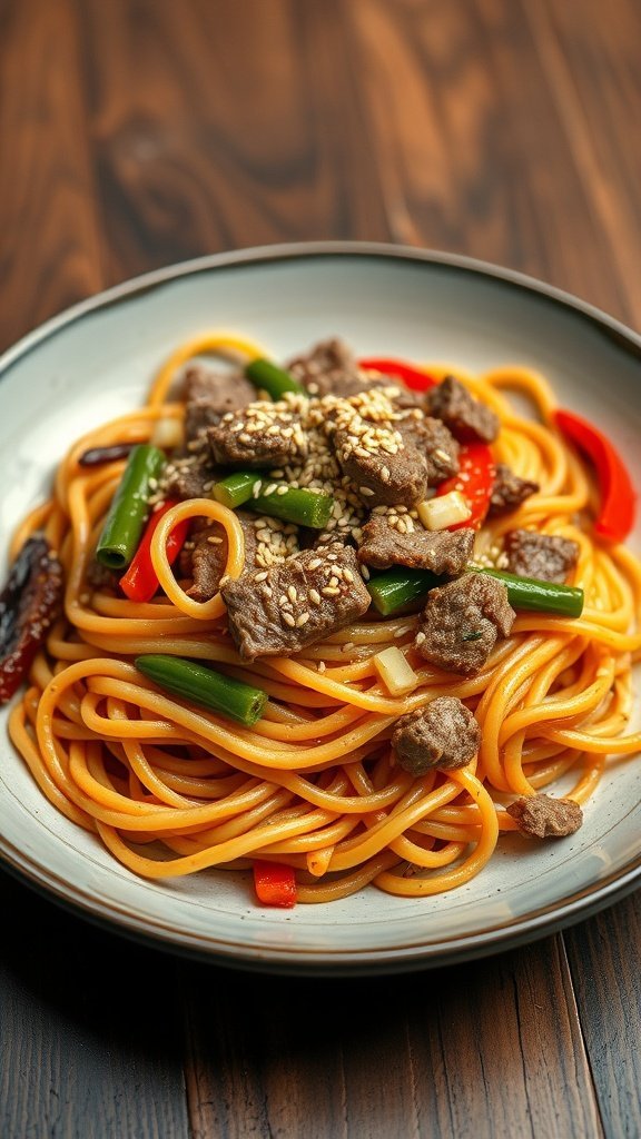Japchae, a Korean sweet potato noodle dish stir-fried with vegetables and beef, garnished with sesame seeds