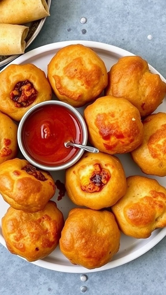 A plate of kachoris, golden pastries with a side of dipping sauce.