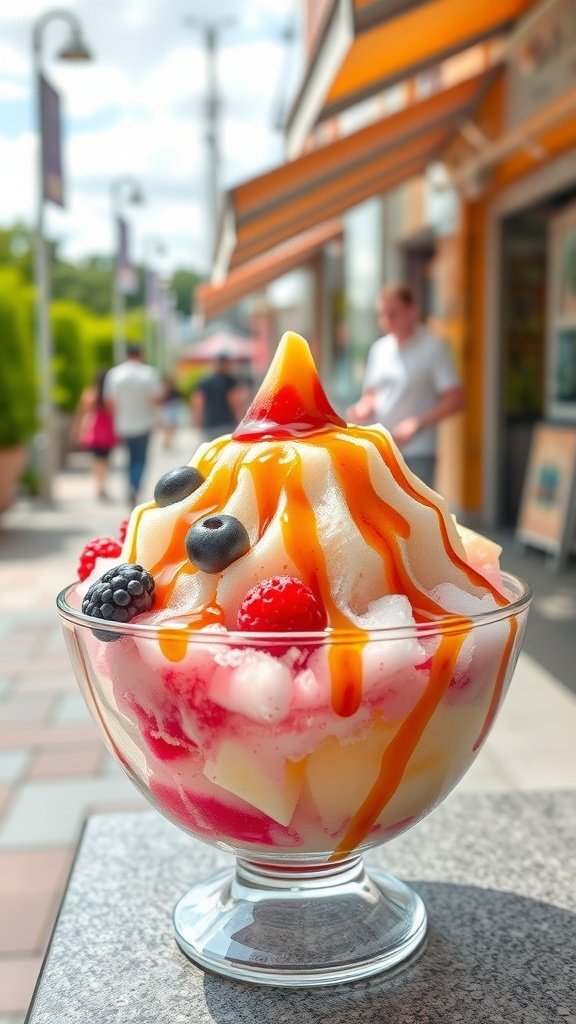 A bowl of kakigori, a Japanese shaved ice dessert, topped with caramel sauce and fresh berries.