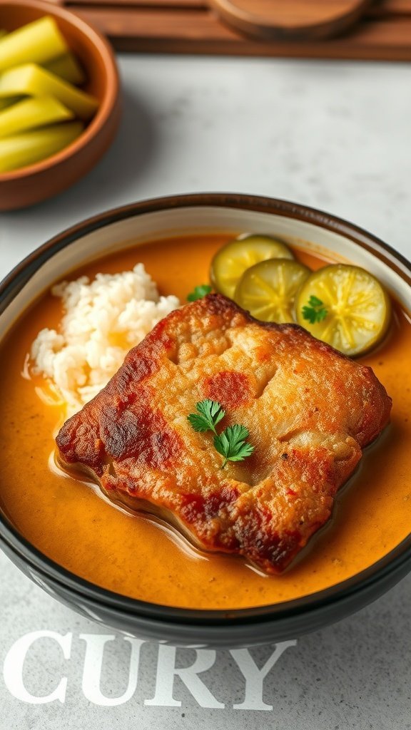 Bowl of katsu curry with crispy cutlet, rice, and pickles