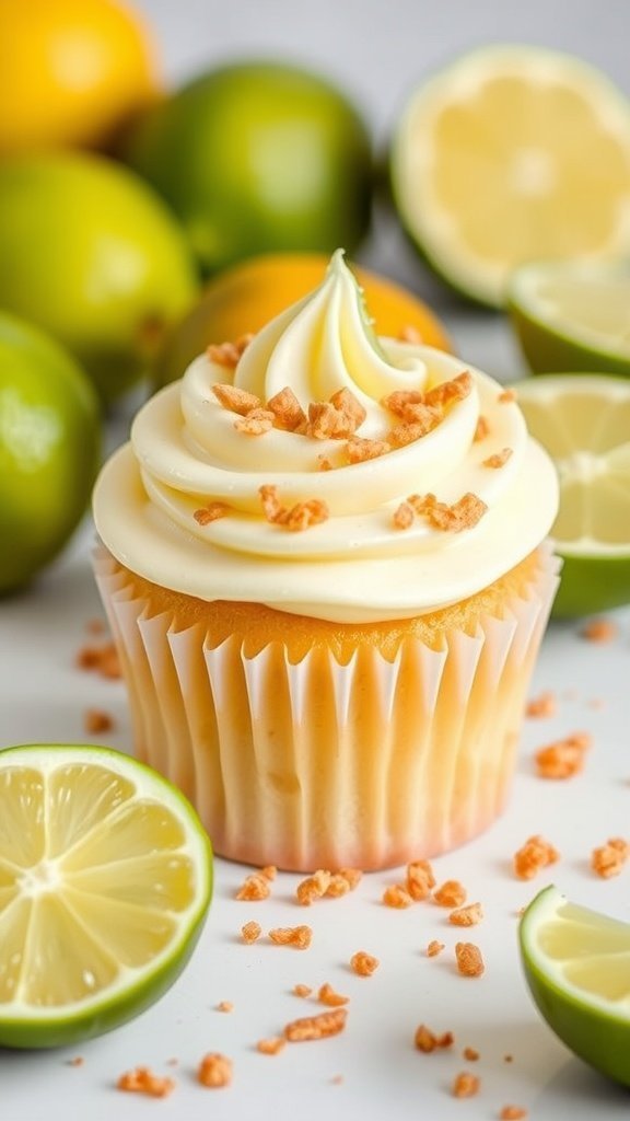 A key lime cupcake with a graham cracker crust, topped with creamy frosting and garnished with crushed graham crackers, surrounded by fresh limes and lemons.