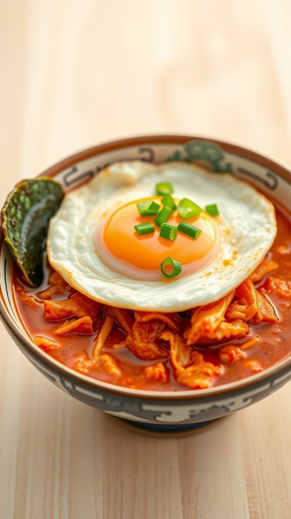 A bowl of kimchi ramen topped with a poached egg and green onions.