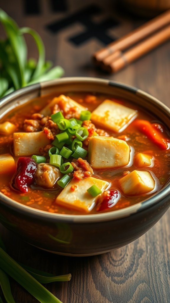 A bowl of Kimchi Jjigae with tofu and green onions, showcasing vibrant red broth.