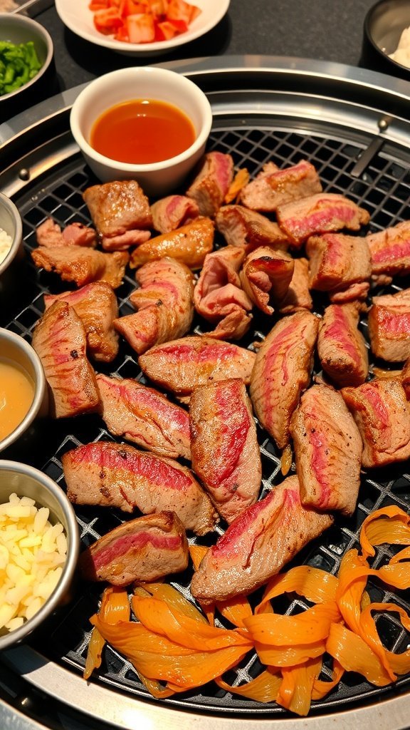 Grilled bulgogi beef on a BBQ grill with dipping sauces and sides.