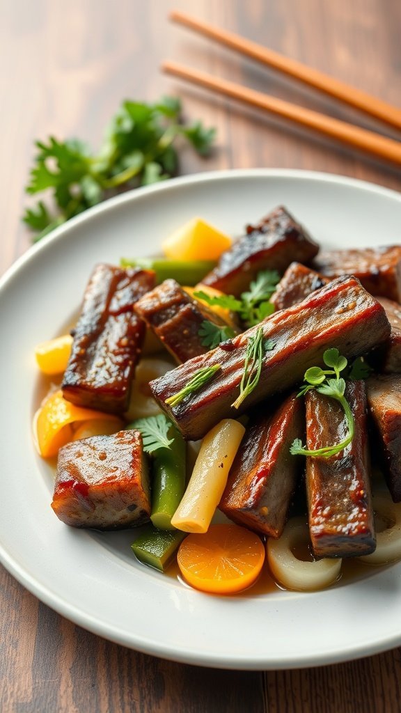A plate of Korean Braised Short Ribs (Galbi Jjim) with colorful vegetables.