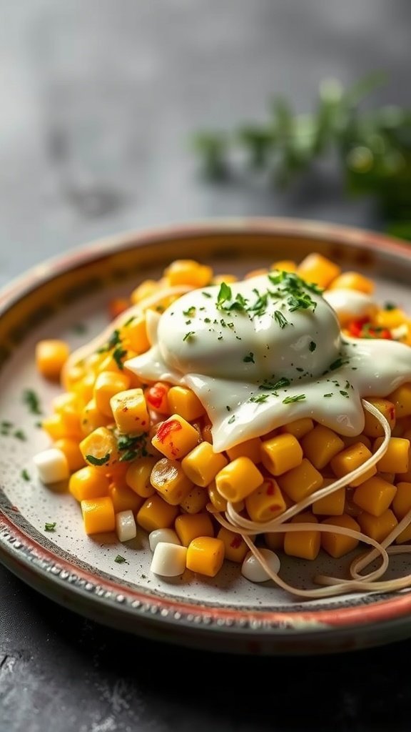 A plate of Korean corn cheese topped with melted cheese and herbs.