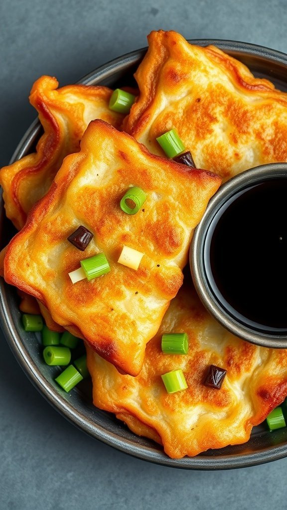 A plate of Korean pancakes (pajeon) with green onions and a dipping sauce