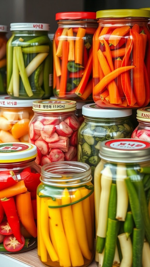 Variety of Korean pickled vegetables in glass jars.