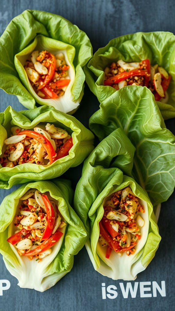Colorful Korean spicy cabbage wraps filled with vegetables on a dark surface.