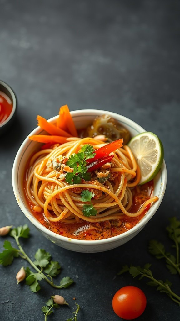 A bowl of Korean spicy noodles (Bibim Guksu) topped with vegetables and cilantro, with lime on the side.