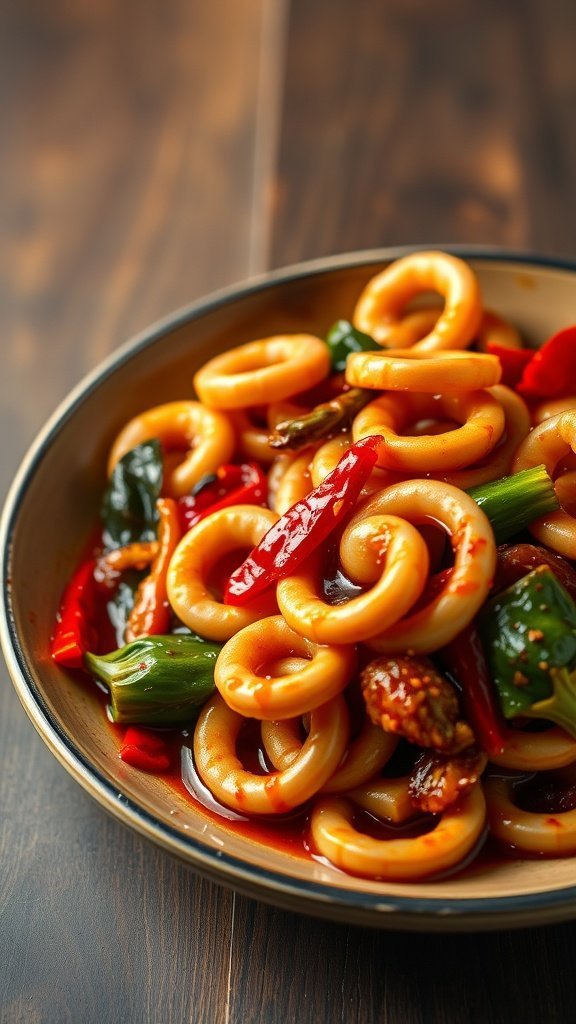 A bowl of Korean Spicy Squid featuring squid rings, red peppers, and green vegetables in a spicy sauce.
