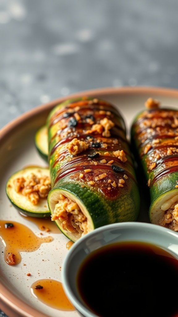 Stuffed zucchini rolls with meat filling, drizzled with sauce, and served on a plate