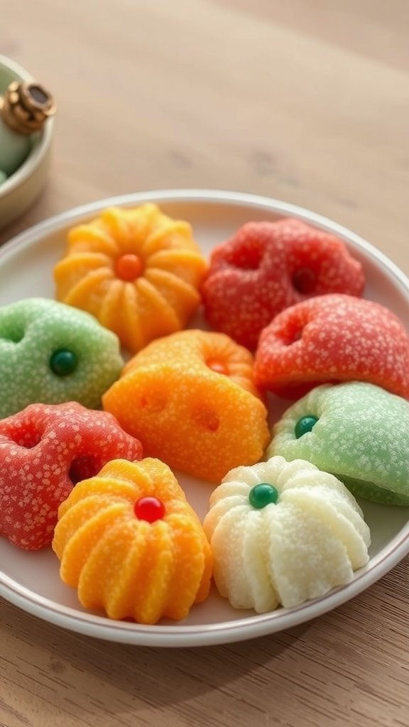 A plate of colorful Korean sweet rice cakes, known as Songpyeon, displayed in various shapes