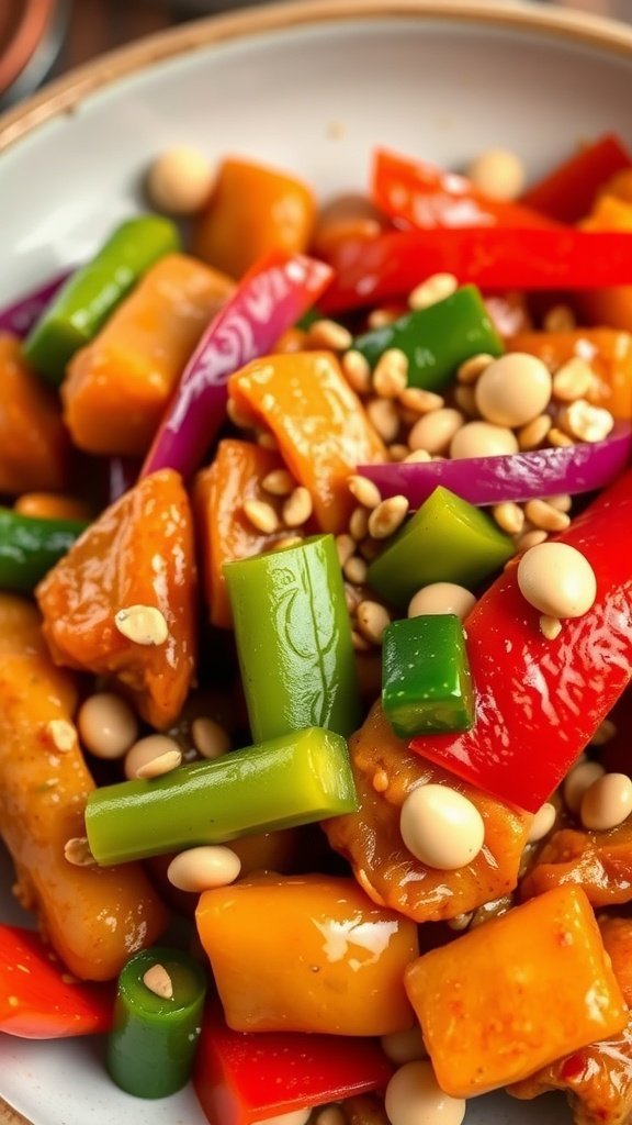 A colorful plate of Kung Pao Chicken with vibrant bell peppers and peanuts.
