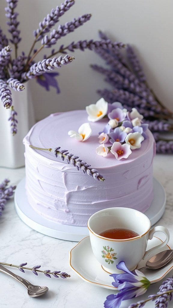 A Lavender Earl Grey Chocolate Cake with purple frosting and edible flowers, accompanied by a cup of tea.