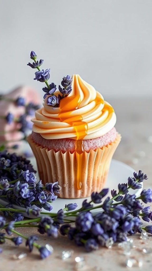 Lavender Honey Cupcake with frosting and lavender flowers