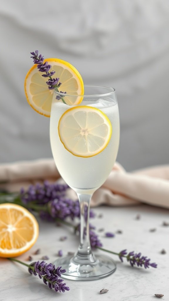 A glass of Lavender Lemonade Spritz garnished with lemon slices and lavender flowers.