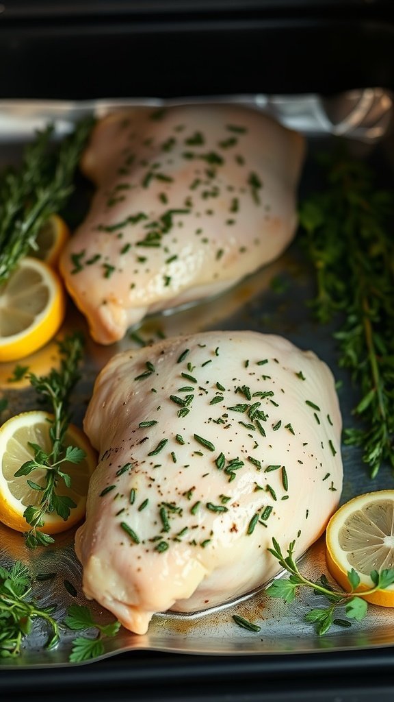 Baked chicken breasts with lemon and thyme on a baking tray