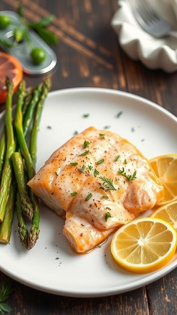 A plate of lemon butter baked salmon with asparagus and lemon slices.
