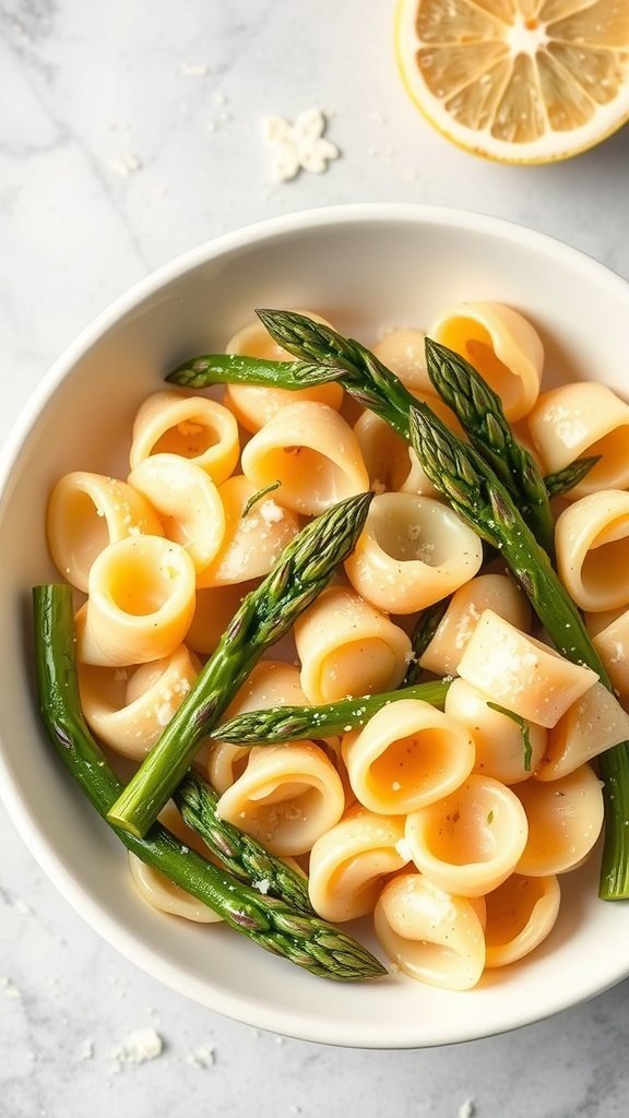 Bowl of lemon butter tortellini with asparagus and parmesan cheese.