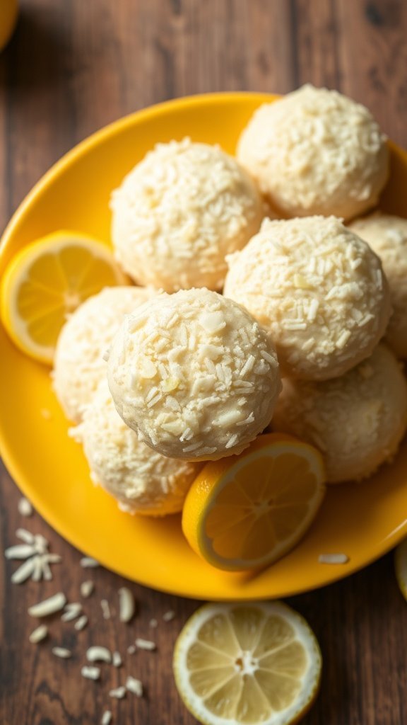 A plate of Lemon Coconut No Bake Cookies with lemon slices