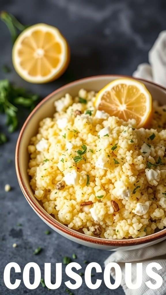 A bowl of lemon garlic couscous topped with parsley and lemon slices.