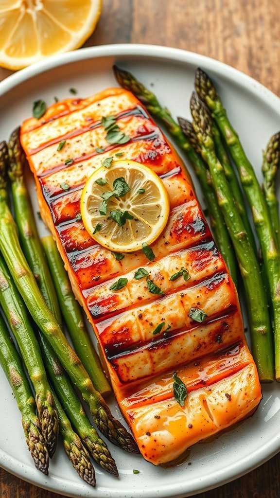 A delicious lemon garlic grilled salmon served with asparagus on a plate.