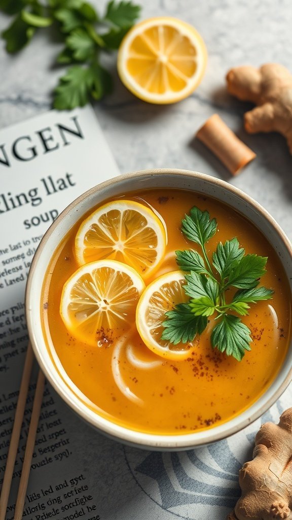 A bowl of Lemon Ginger Ramen Soup with lemon slices and parsley, alongside ginger root and a recipe page.