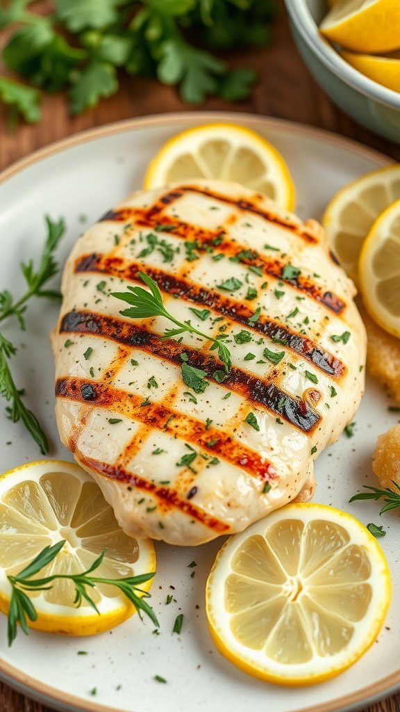 Grilled chicken breast garnished with herbs and surrounded by lemon slices