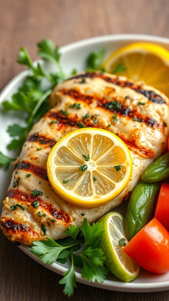 Grilled chicken breast with lemon slices and fresh vegetables