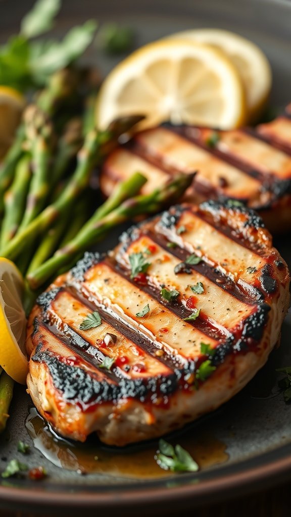 Grilled pork chops with asparagus and lemon slices on a plate.