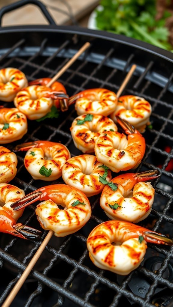 Grilled lemon herb shrimp skewers on a grill