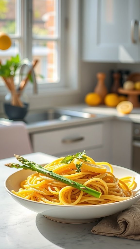 A plate of lemon pepper spaghetti with asparagus in a kitchen setting