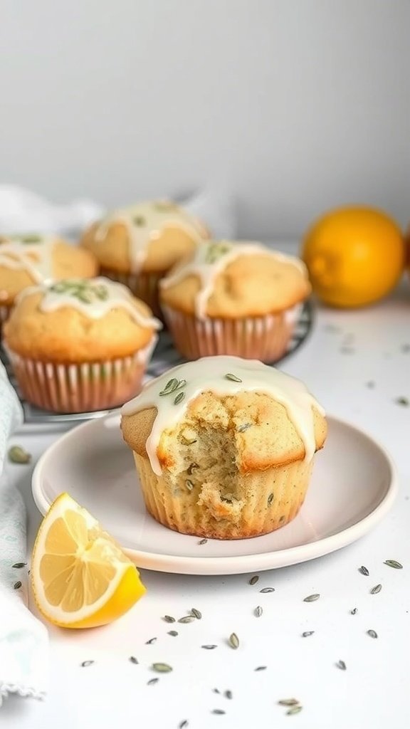 Lemon poppy seed muffins with icing, a lemon wedge, and scattered poppy seeds.