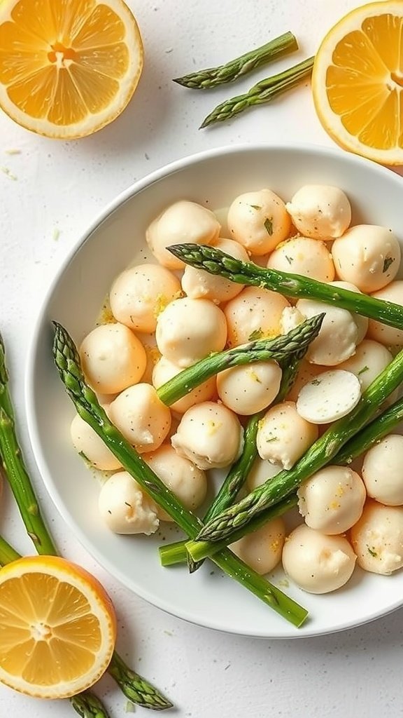 A plate of lemon ricotta gnocchi with asparagus, garnished with lemon slices.