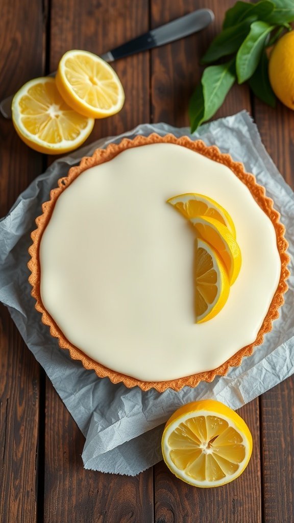 A lemon white chocolate tart topped with lemon slices, resting on a wooden table.
