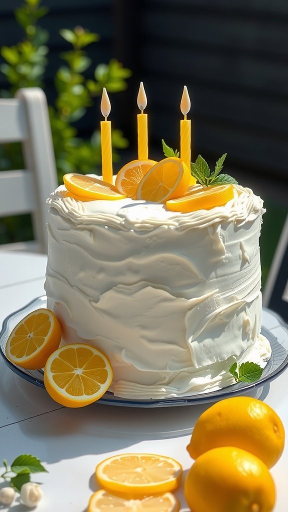 A lemon zest birthday cake with lemon slices and candles on top.