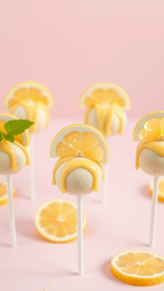 Bright lemon zest cake pops arranged on a pink background, topped with lemon slices and drizzled with yellow icing