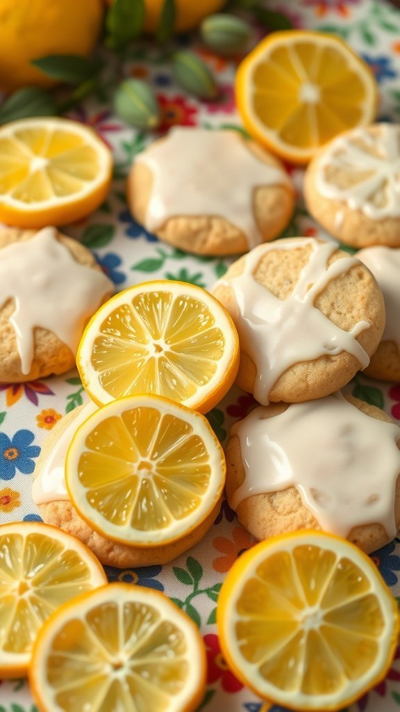 Lemon zest cookies with lemon slices on a colorful floral tablecloth