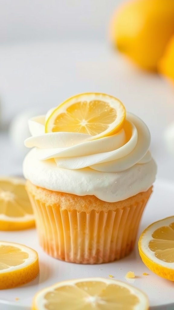 A lemon zest cupcake topped with cream cheese frosting and a lemon slice