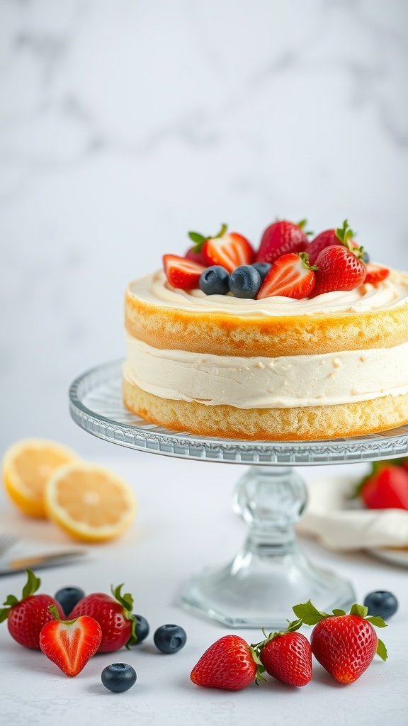 A lemon cake topped with strawberries and blueberries on a glass cake stand with lemon slices in the background.