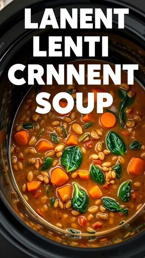 A close-up view of lentil soup with spinach and carrots in a crock pot